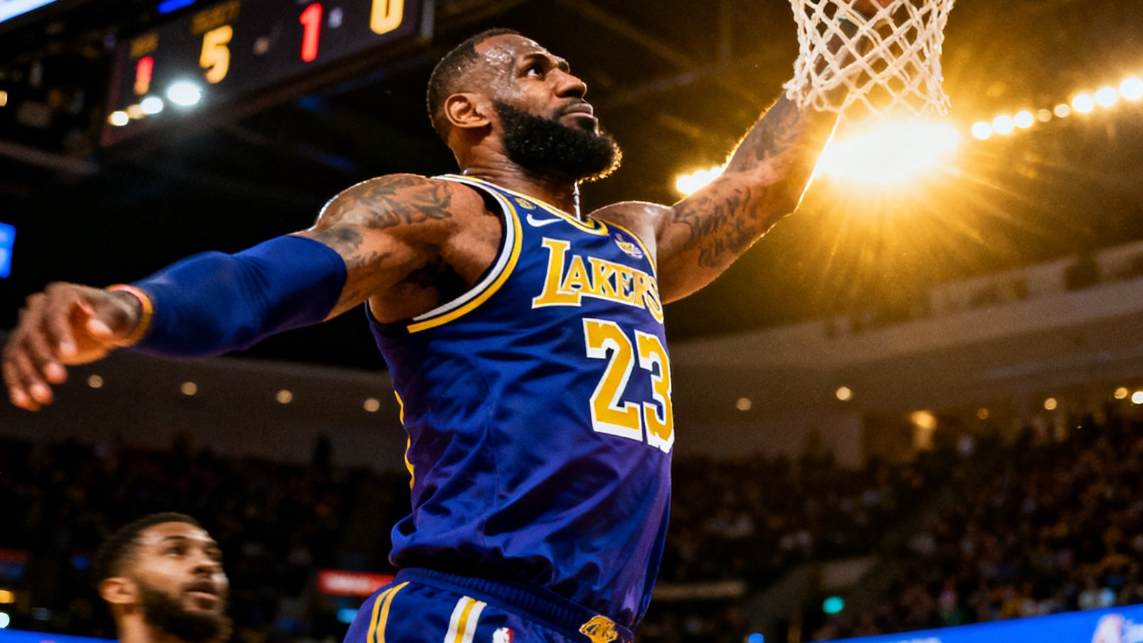 洛杉矶湖人队与凯尔特人队的NBA精彩回放视频封面，詹姆斯扣篮瞬间特写